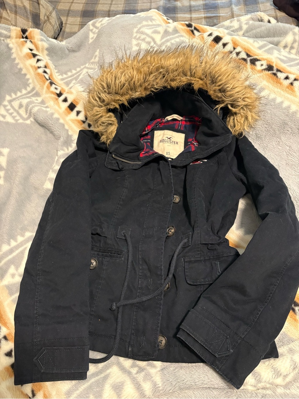 Hollister Navy Hooded Jacket with Faux Fur Trim